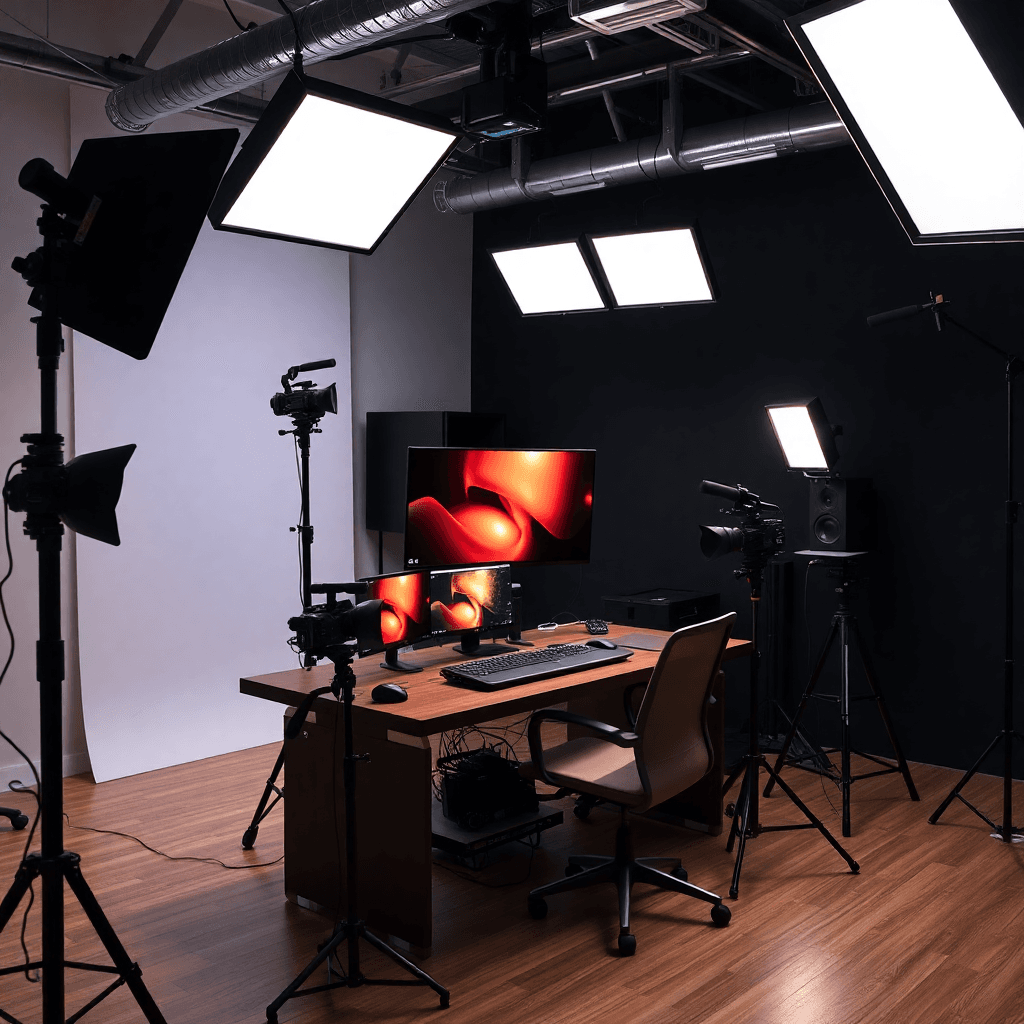 digital content creator workspace with professional equipment, modern studio setup, professional photography