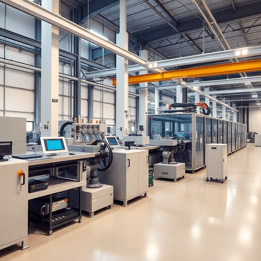 modern manufacturing facility with automated systems, clean industrial environment, professional photography