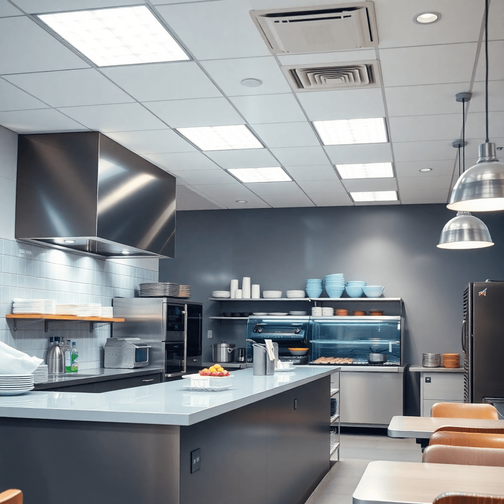 modern restaurant interior with professional kitchen, clean food service environment, professional photography