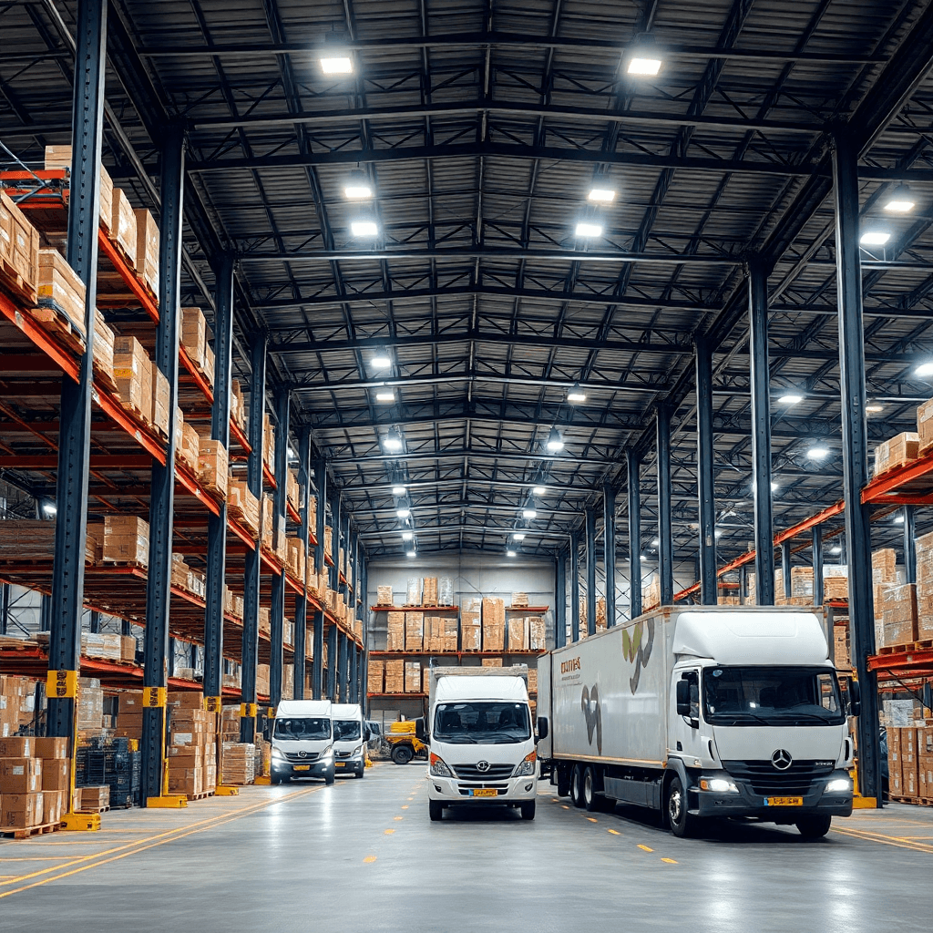 modern logistics warehouse with organized systems, transport vehicles, professional photography
