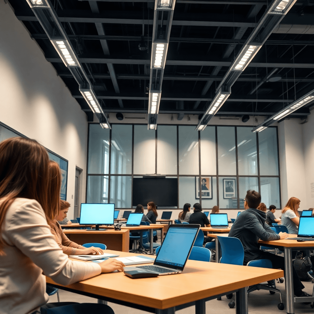 modern educational institution classroom with technology, students learning, bright professional photography